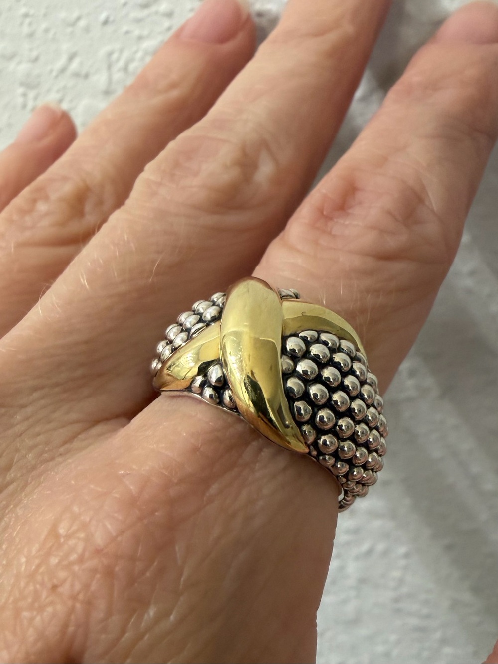 Lagos two tone “X” Caviar Done ring SIZE 8